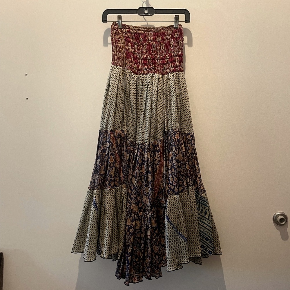 Indie Ella Boho 100% Silk Tiered Ruffle Mix Media Floral Skirt or Tube Top Dress